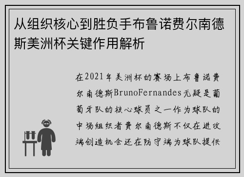 从组织核心到胜负手布鲁诺费尔南德斯美洲杯关键作用解析