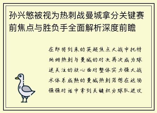 孙兴慜被视为热刺战曼城拿分关键赛前焦点与胜负手全面解析深度前瞻