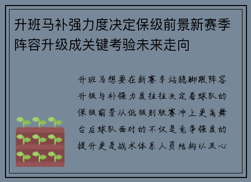 升班马补强力度决定保级前景新赛季阵容升级成关键考验未来走向